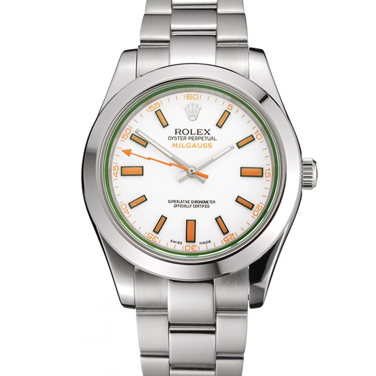 Steel Case White Rolex Stainless Dial Bracelet Swiss Orange Milgauss And Markings 0612